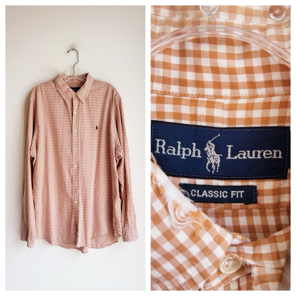 RALPH LAUREN Blue Label Orange Checked Pony Logo Classic Fit Button-Down Shirt
